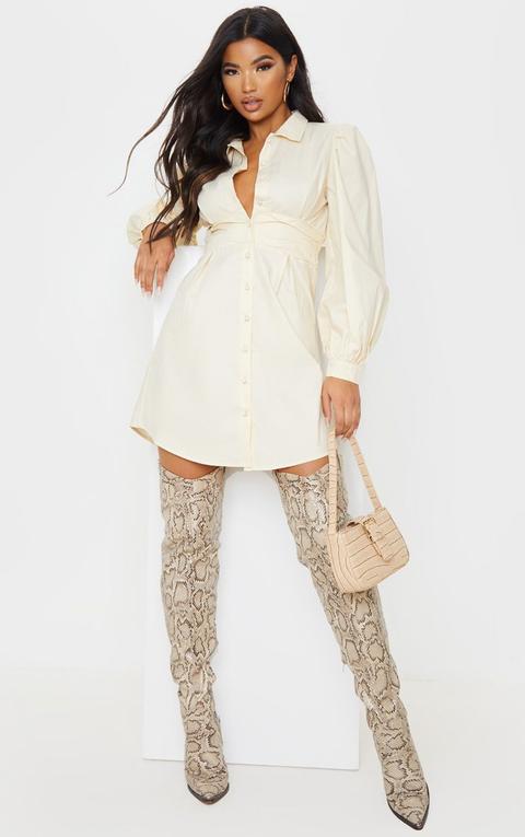 Cream Ruched Waist Detail Long Sleeve Shirt Dress