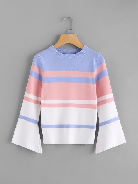 Bell Sleeve Striped Knit Sweatshirt