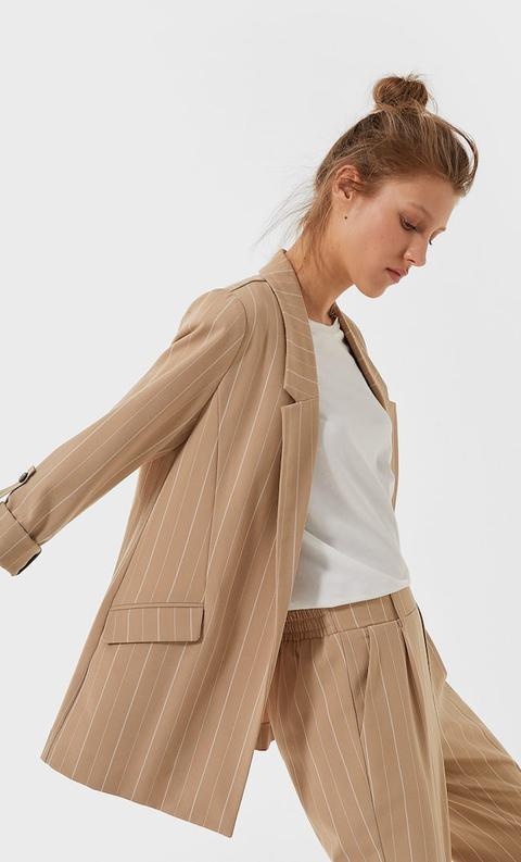 Stradivarius Blazer Morbido A Righe Femminile Beige M