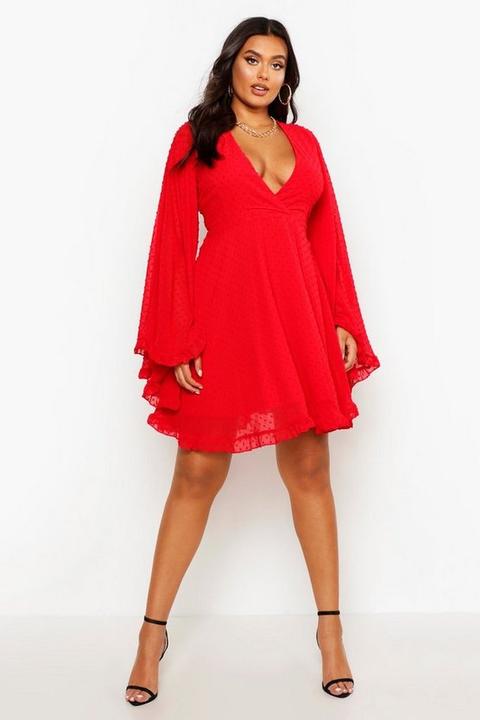 Womens Plus Dobby Chiffon Wide Sleeve Skater Dress Red 16