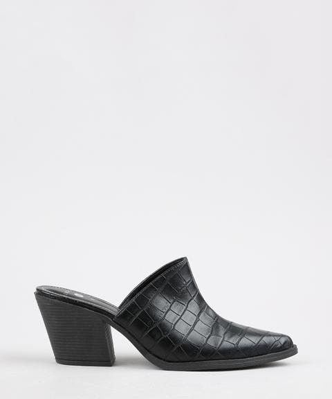 Mule Feminino Mindset Bico Fino Croco Com Salto Preto