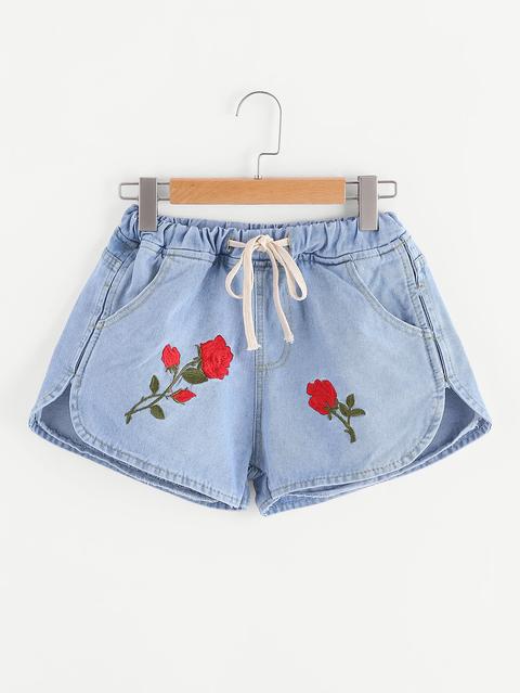 Floral Embroidered Dolphin Hem Drawstring Denim Shorts