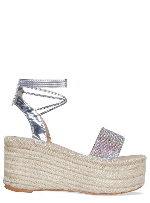 Melanie Silver Diamante Lace Up Espadrille Flatforms