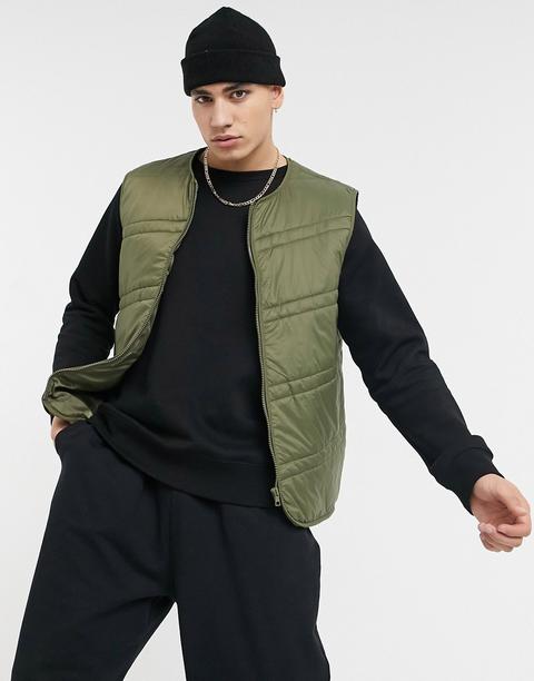 Asos Design Quilted Gilet In Khaki-green