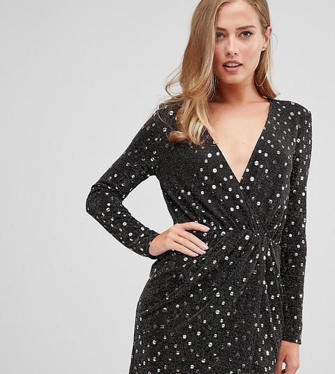 Minivestido Negro Con Hombros De Tendencia, Parte Delantera Cruzada Y Lentejuelas Doradas De Flounce London