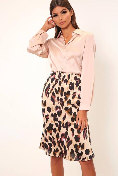 Leopard Print Satin Midi Skirt