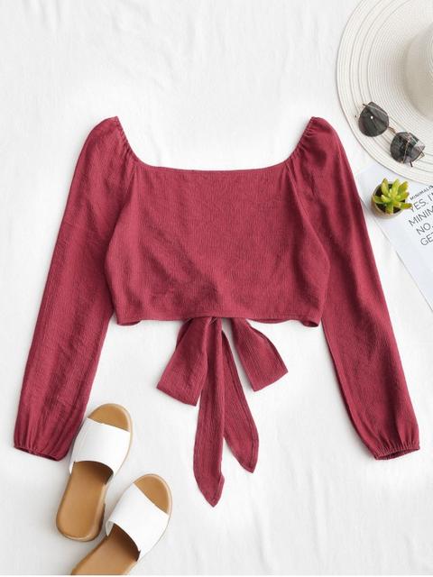 plunging neck tied bowknot crop blouse