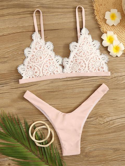 Set De Bikini Top Triángulo Con Encaje De Pierna Alta