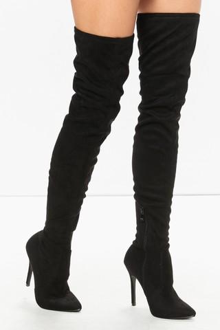 Khloe Black Suede Pointed Toe Over The Knee Boots