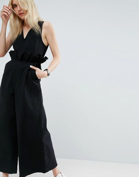Asos - Tuta Lunga In Twill Con Volant In Vita - Nero