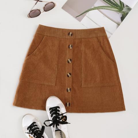 Corduroy Button Front Slant Pocket Skirt