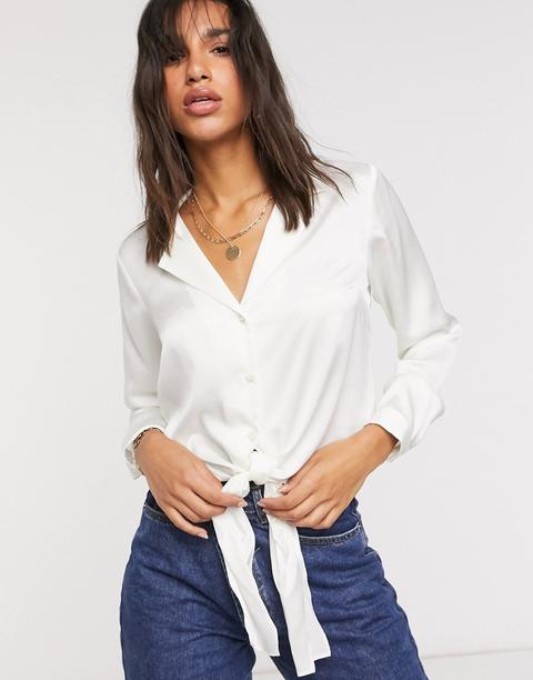 Asos Design Long Sleeve Satin Shirt With Tie Front In White-neutral