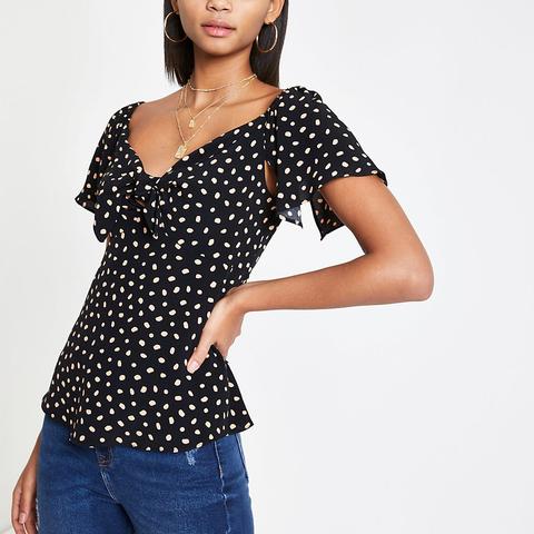 Black Spot Tie Front Tea Top