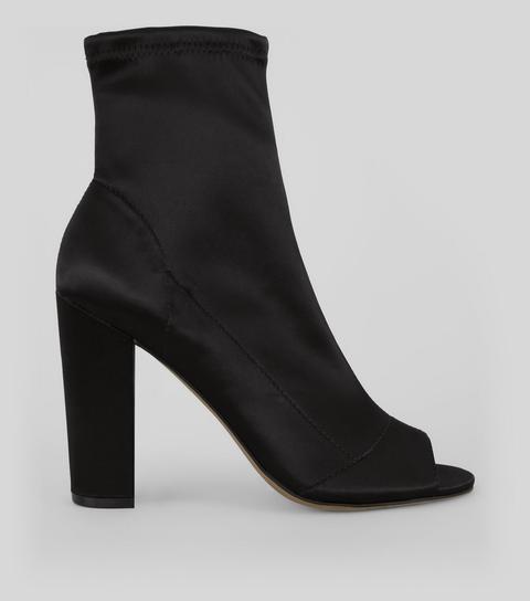 Black Satin Peep Toe Heeled Boots