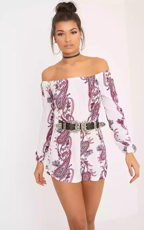 Pink Paisley Print Bardot Playsuit, Pink