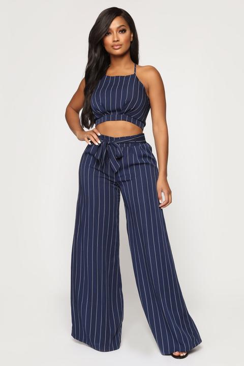 Penelope Pinstripe Pant Set - Navy/white