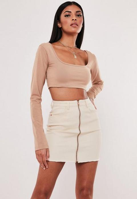 Beige Zip Raw Hem Denim Mini Skirt, Beige