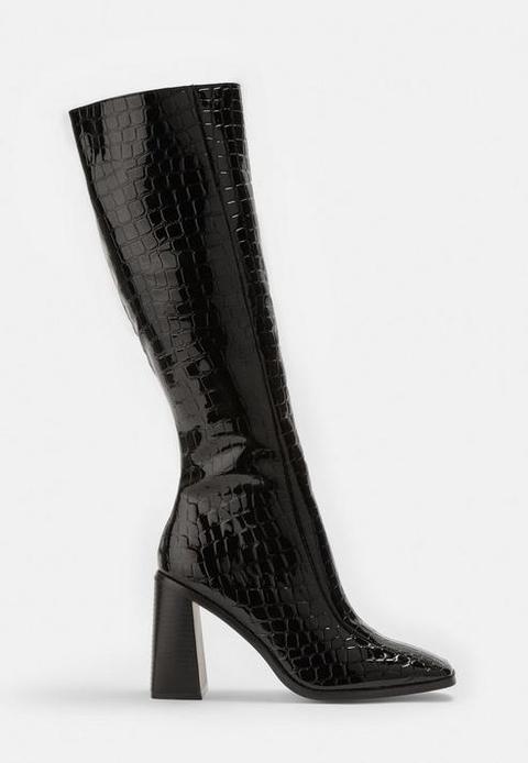 Black Mock Croc Patent Knee High Boots, Black