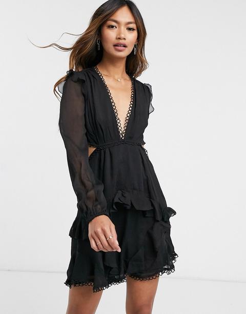 Asos Design Mini Dress With Long Sleeve And Circle Trim-black