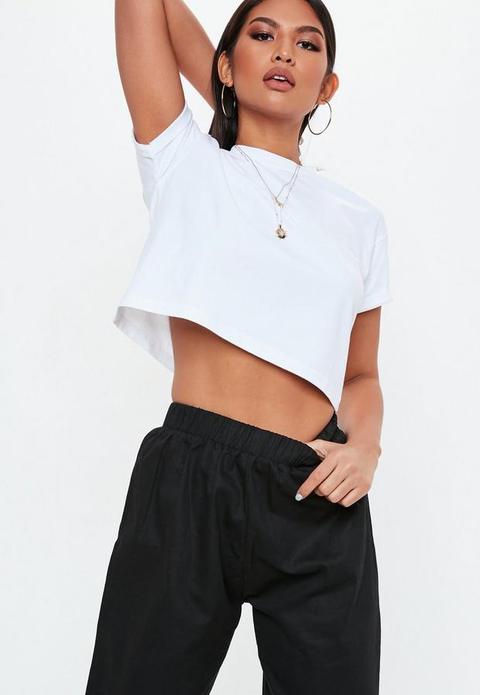 Petite White Roll Sleeve Cropped T Shirt, White