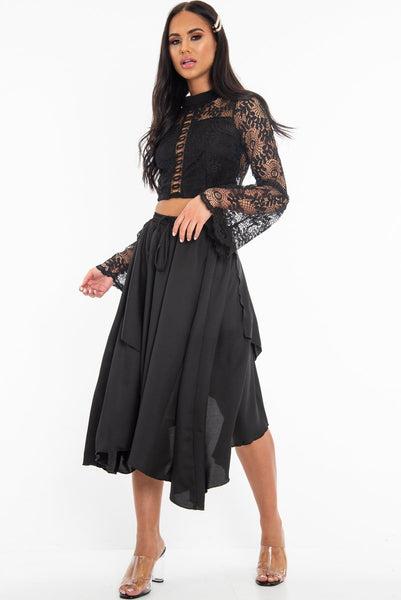 Black Satin Wrap Drawstring Waist Midi Skirt - Scarlett