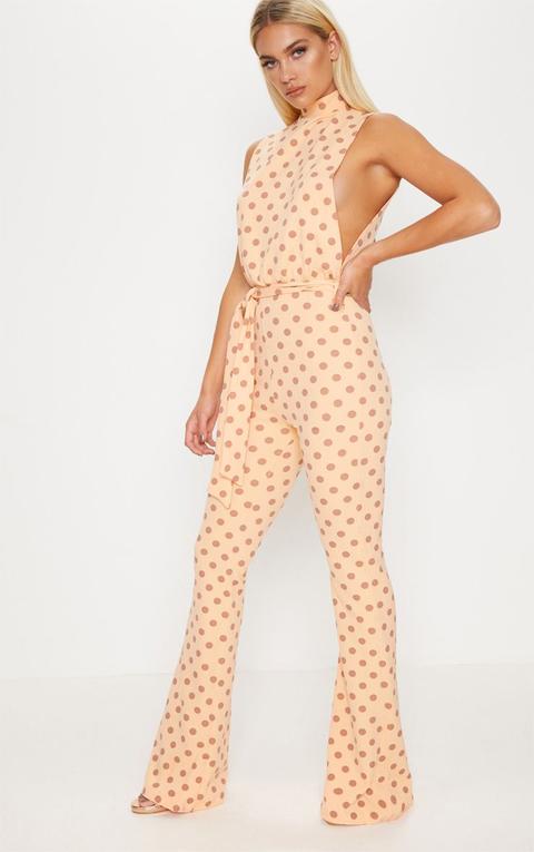 Tangerine Polka Dot Scuba High Neck Tie Waist Jumpsuit, Tangerine