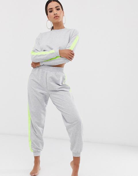 Asos Design - Completo Da Casa Joggers E Felpa Corta Con Riga Fluo - Grigio