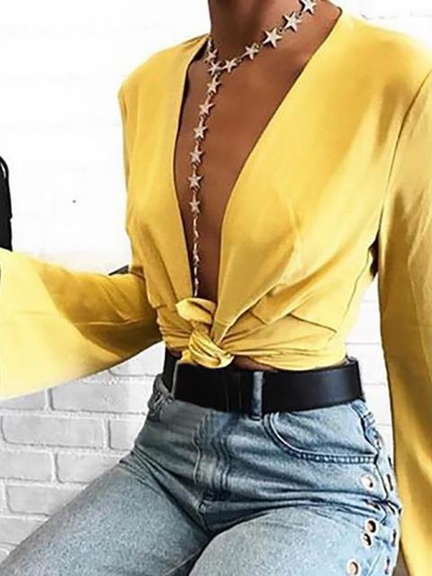 Sexy Deep V Neck Tied Front Blouse