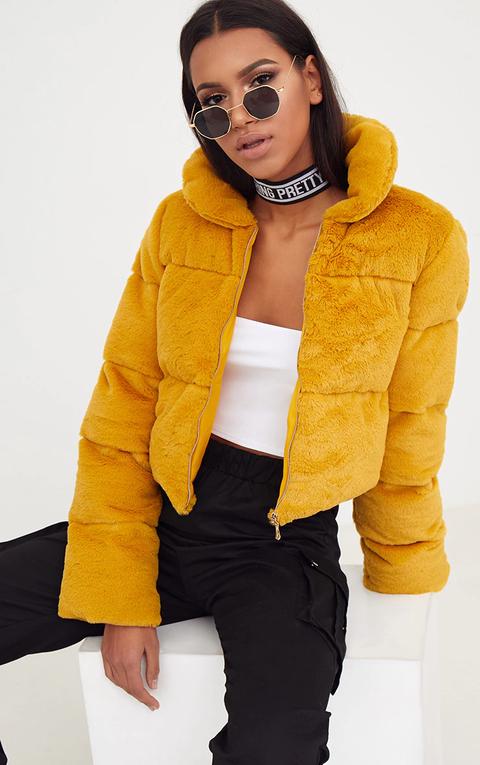 Mustard Faux Fur Puffer Jacket, Yellow