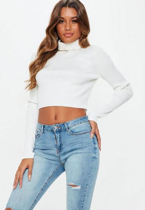 White Roll Neck Ribbed Cropped Jumper, Ivory