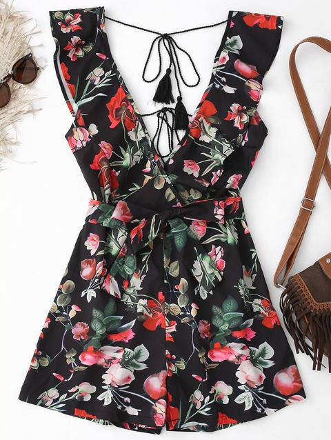 Ruffles Backless Plunge Floral Belted Romper