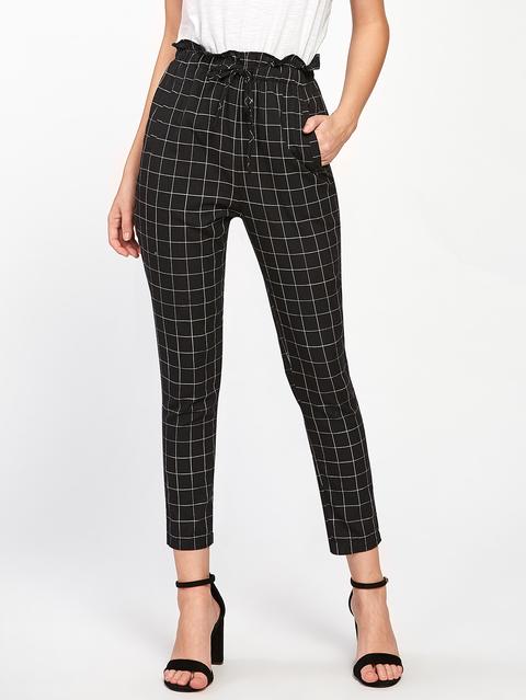 Frilled Waist Grid Pants