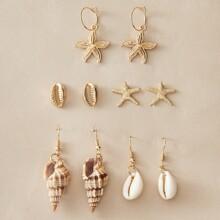 5 Pares Pendientes Con Diseño De Concha Y Estrella De Mar