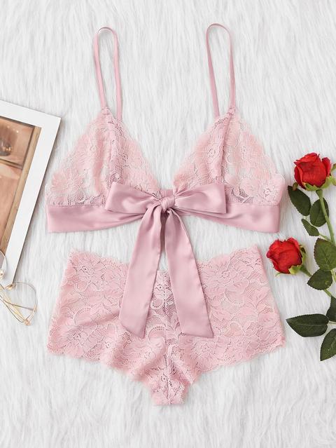 Tie Front Lace Bralette And Pantie Lingerie Set