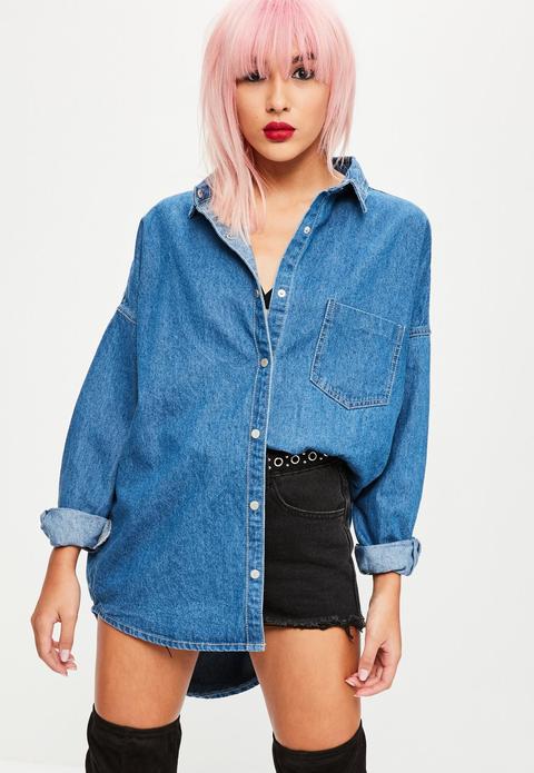 Blue Denim Oversized Denim Shirt, Blue