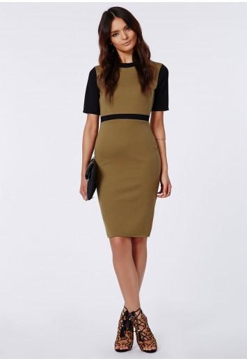 Edna Contrast Sleeve Midi Dress Khaki