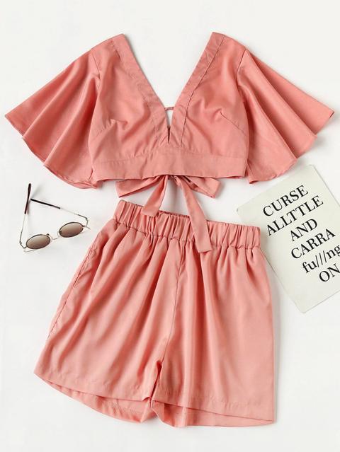 Plunging V-neckline Knot Back Crop Top With Shorts