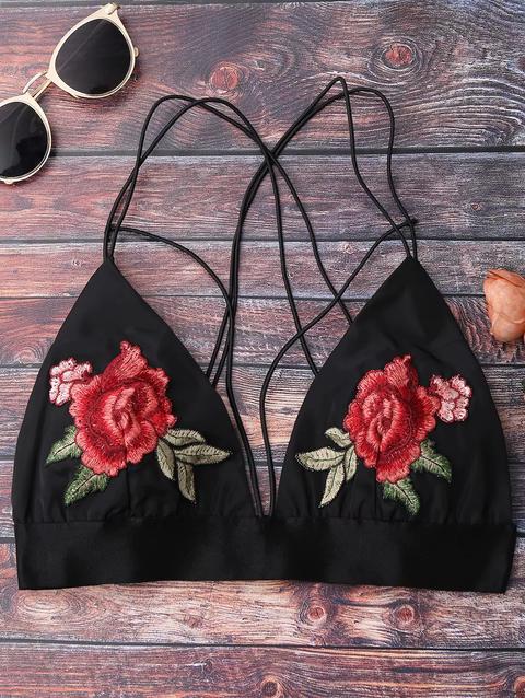 Top Bralette Corto Floreale Con Lacci Black