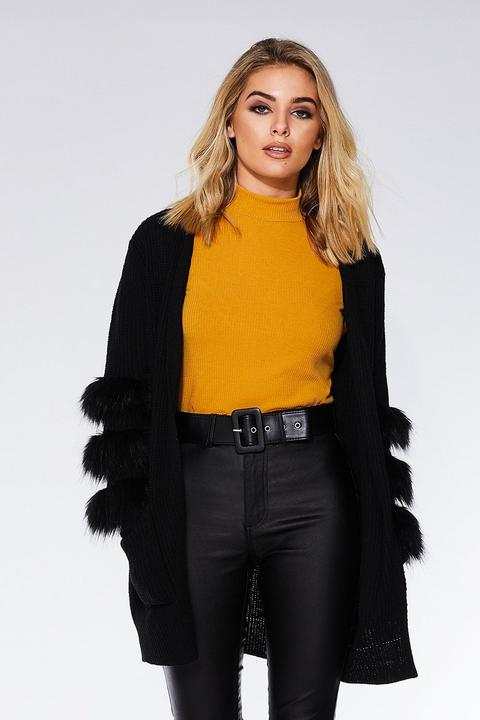 Black Knit Faux Fur Trim Cardigan