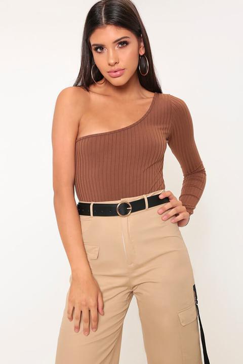 Camel One Shoulder Ribbed Bodysuit