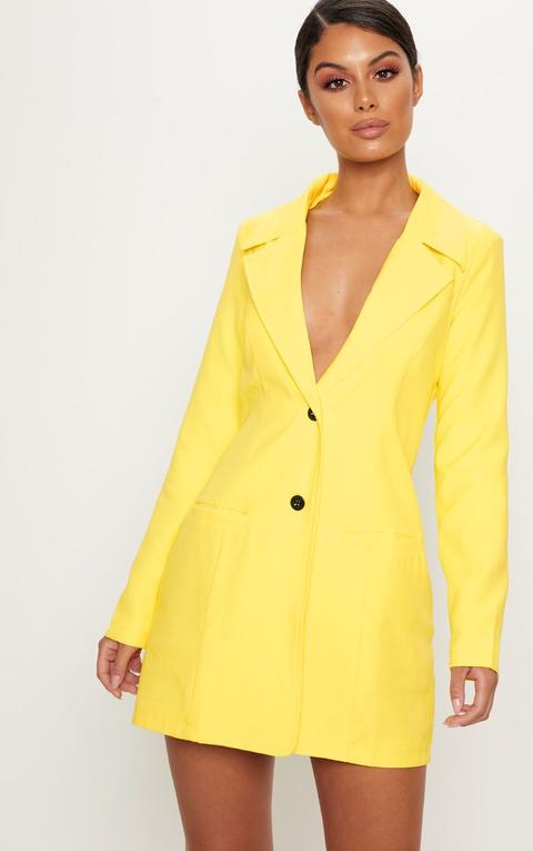 Yellow Plunge Contrast Button Button Blazer Dress