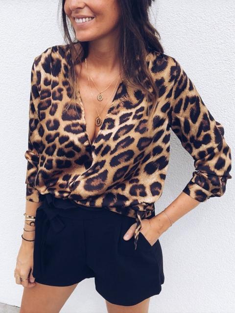 Camicetta Scollo A V Con Stampa Leopardo Manica Lunga Moda Marrone