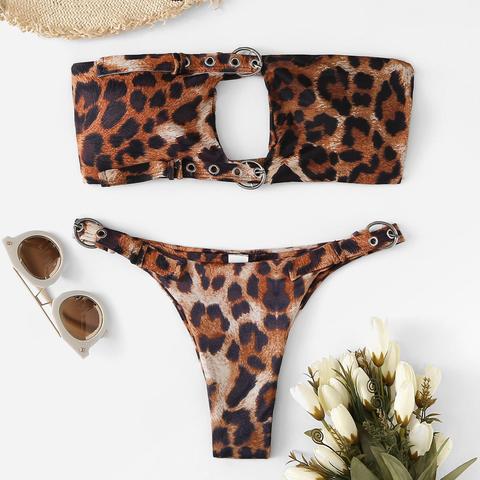 Random Leopard Eyelet Buckle Bandeau With High Leg Bikini