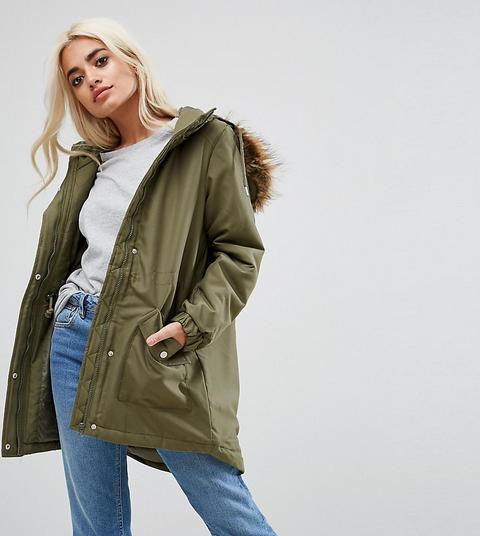 Noisy May Petite - Parka Con Cappuccio Bordato In Pelliccia Sintetica - Verde