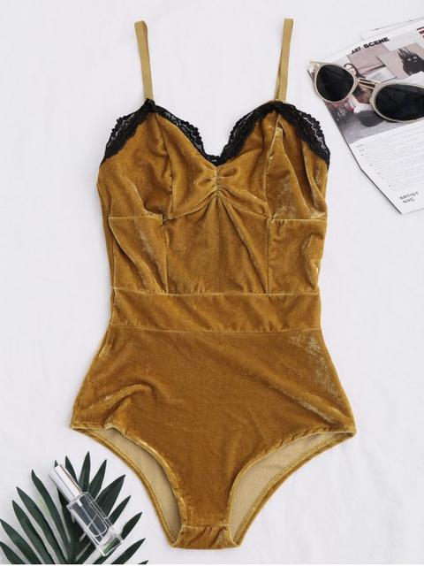 Lace Panel Velvet Bodysuit