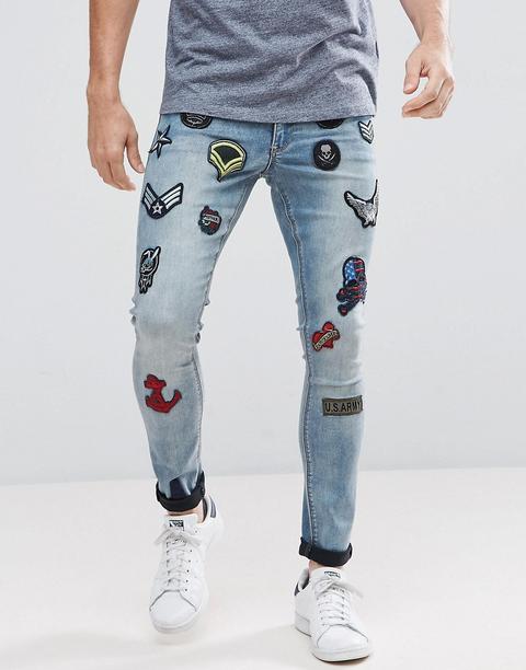 Asos - Jeans Extreme Skinny Blu Velato Con Toppe - Blu