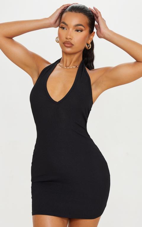 Black Ribbed Halterneck Low Back Bodycon Dress