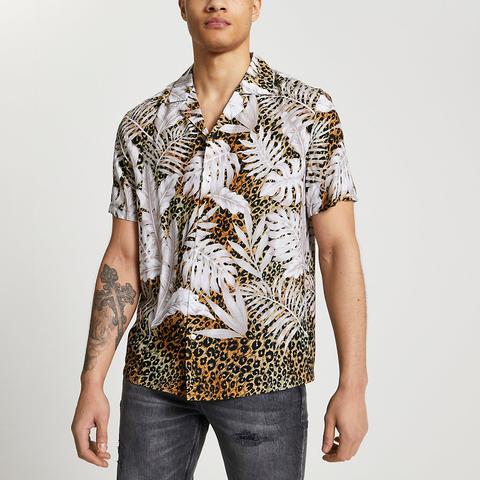 Ecru Leopard Leaf Print Slim Fit Revere Shirt