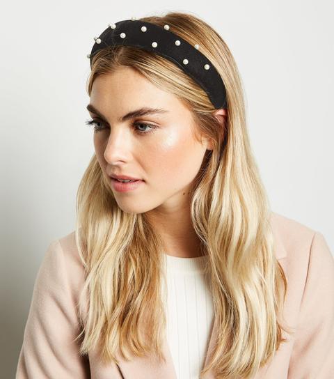 Black Suedette Faux Pearl Embellished Headband New Look