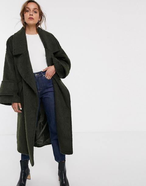 Asos Design Hero Coat With Cuff Detail In Khaki-green